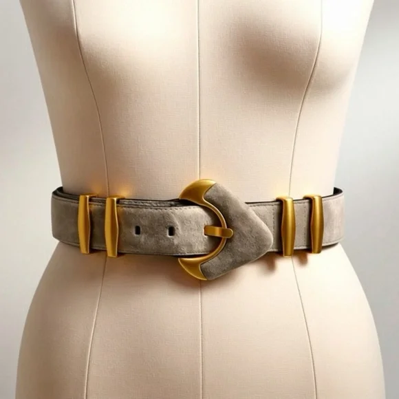 Escada Suede statement belt, matte gold hardware, suede buckle, L, 33-36” - Picture 1 of 9